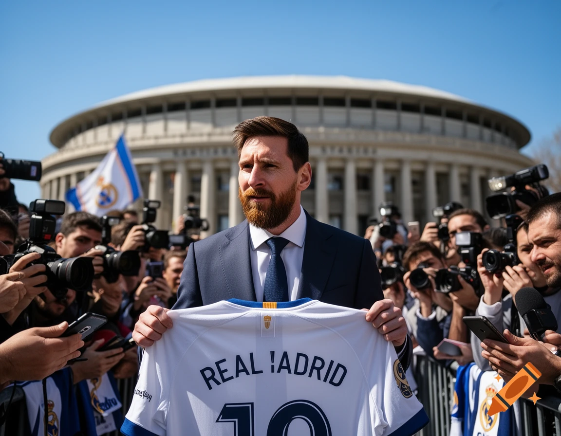 Lionel Messi in a suit holding a Real Madrid jersey with 'REAL !ADRID 10' on it, surrounded by media outdoors.