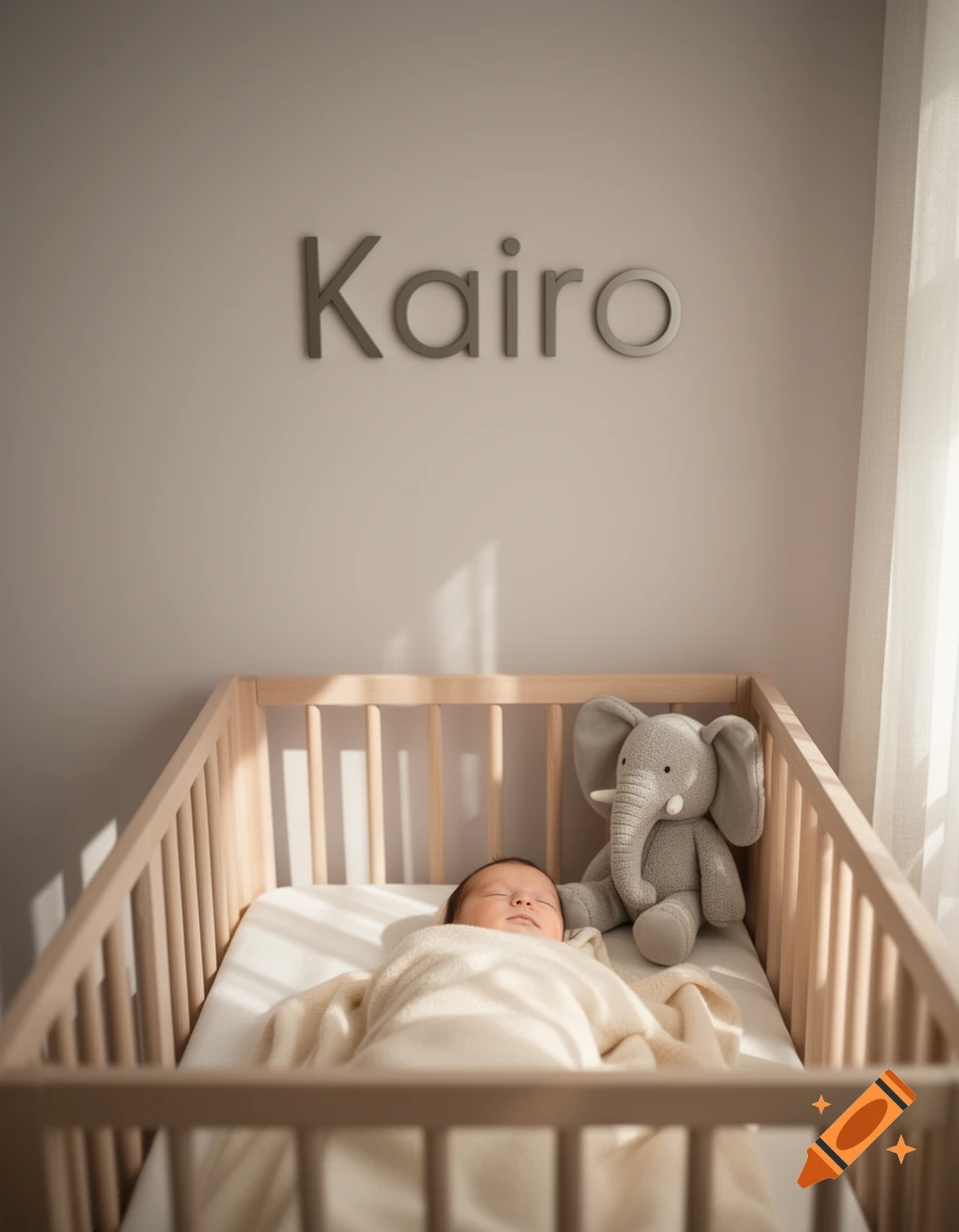 Photorealistic image of a sleeping baby in a wooden crib with a grey elephant plushie, under the name 'Kairo' on a light grey wall.