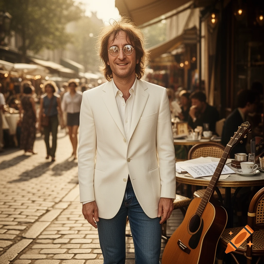 A man resembling John Lennon, in a white blazer and jeans with round glasses, smiles on a bustling cobblestone street with outdoor cafes and an acoustic guitar.