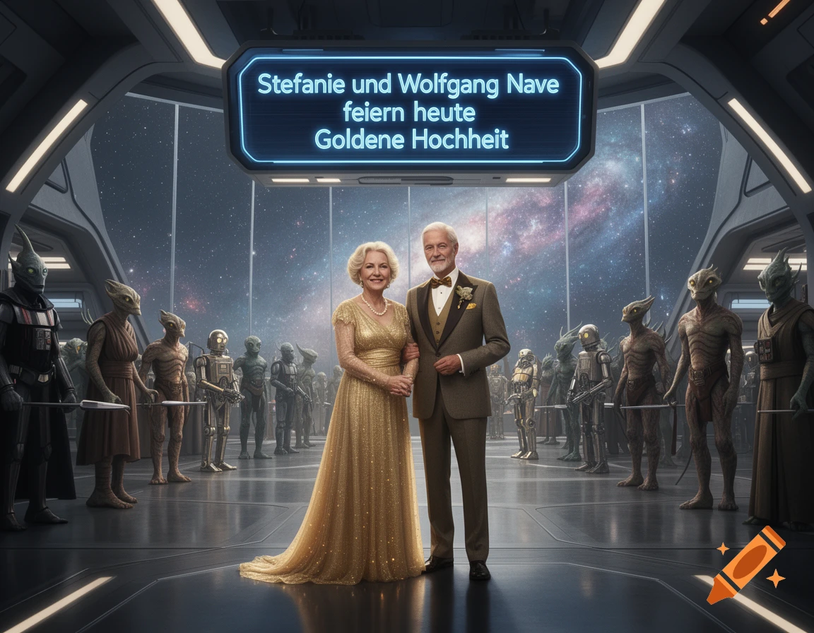 Elderly couple in formal wear celebrating golden wedding in a futuristic spaceship with aliens and droids, sign overhead.