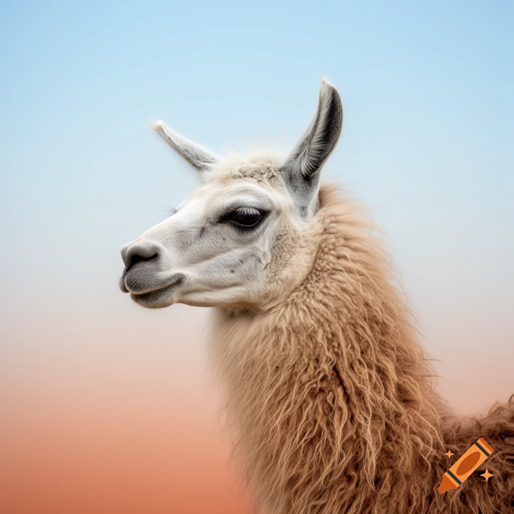 Close-up, profile view of a white llama with beige fur, against a soft gradient background of blue and terracotta colors.