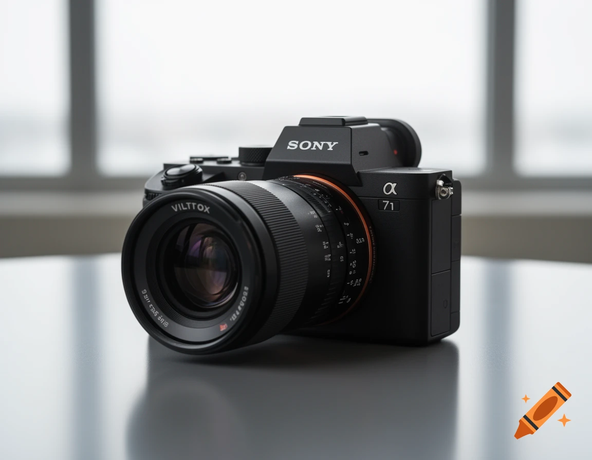A black Sony Alpha 7 I camera with a Viltrox lens rests on a grey table in a bright, minimalist setting.