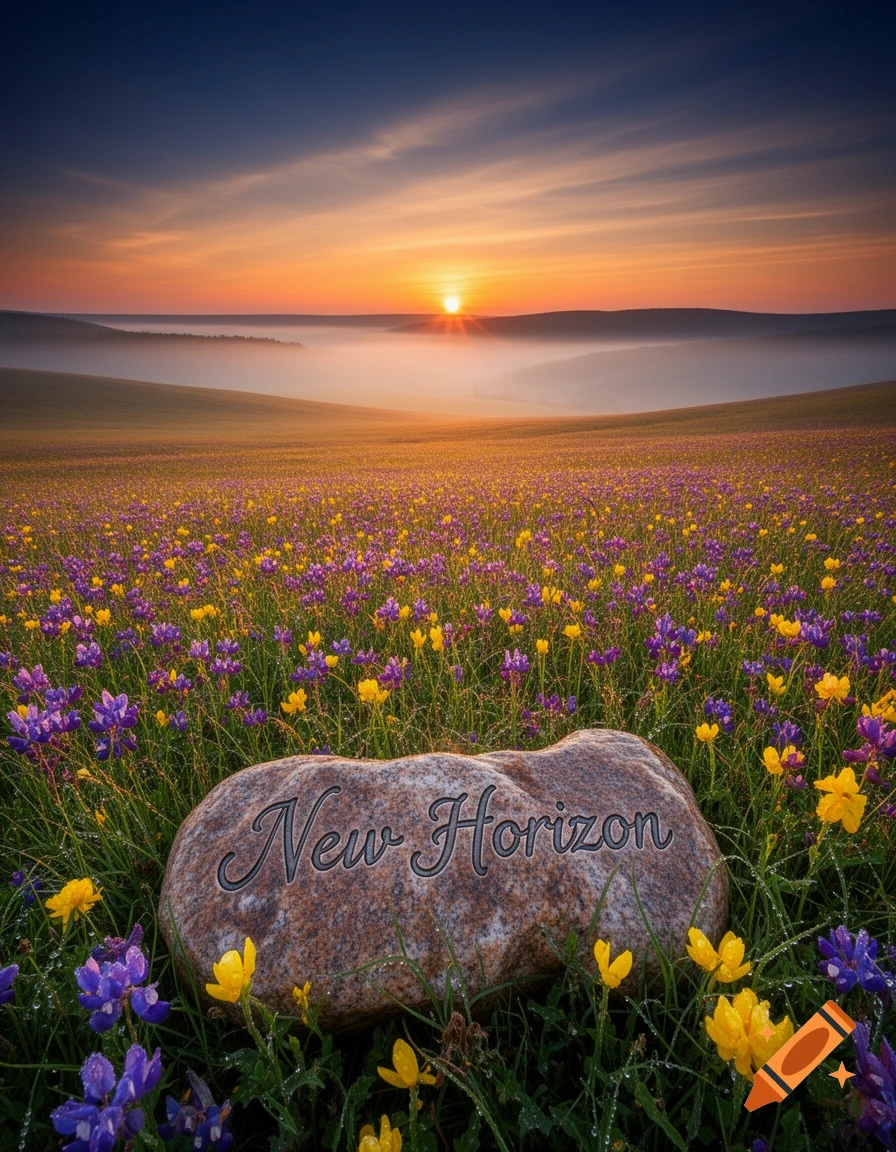 Vibrant field of purple and yellow wildflowers at sunrise with a rock inscribed 'New Horizon' in the foreground.