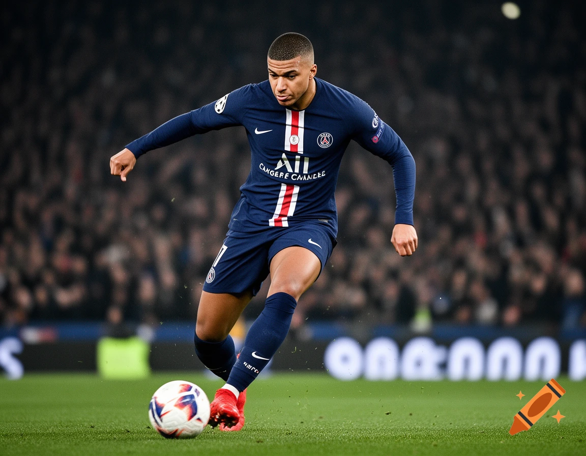 A male soccer player in a dark blue uniform dribbles a ball on a green field in a stadium.