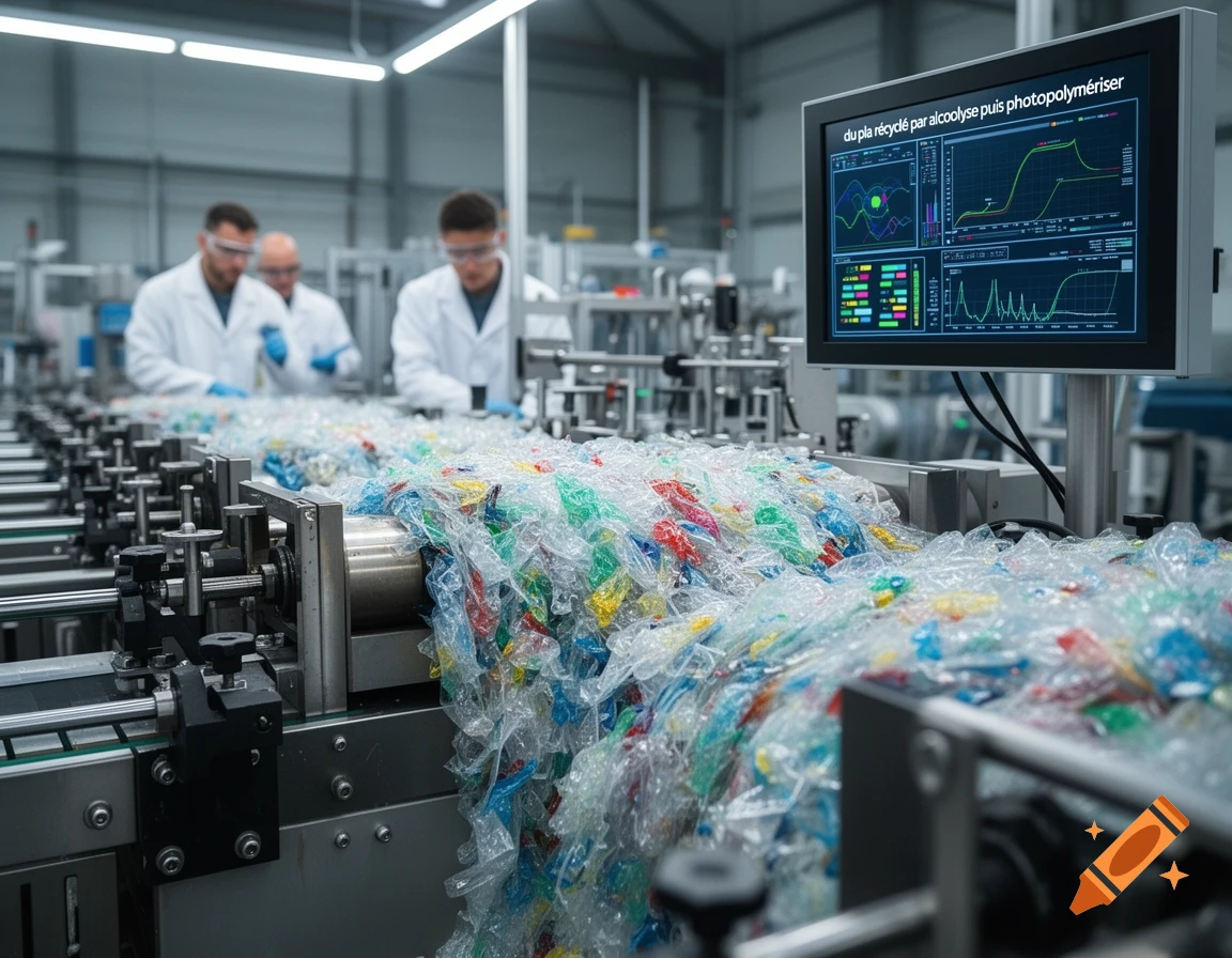 Photorealistic image of multicolored plastic waste on a conveyor belt, with scientists and a monitor in a factory setting.