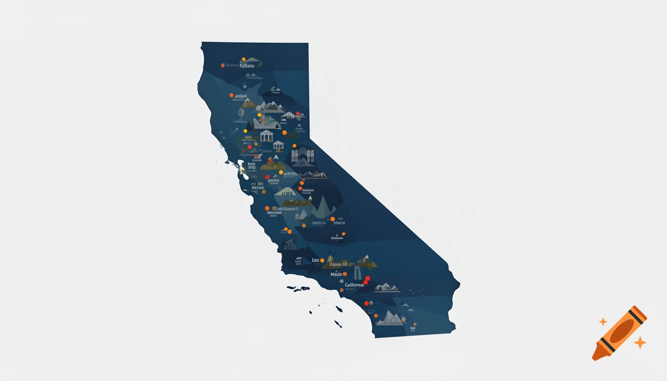 A flat, graphic map of the state of California, oriented horizontally on a wide white background, with stylized icons and illegible text marking various locations.