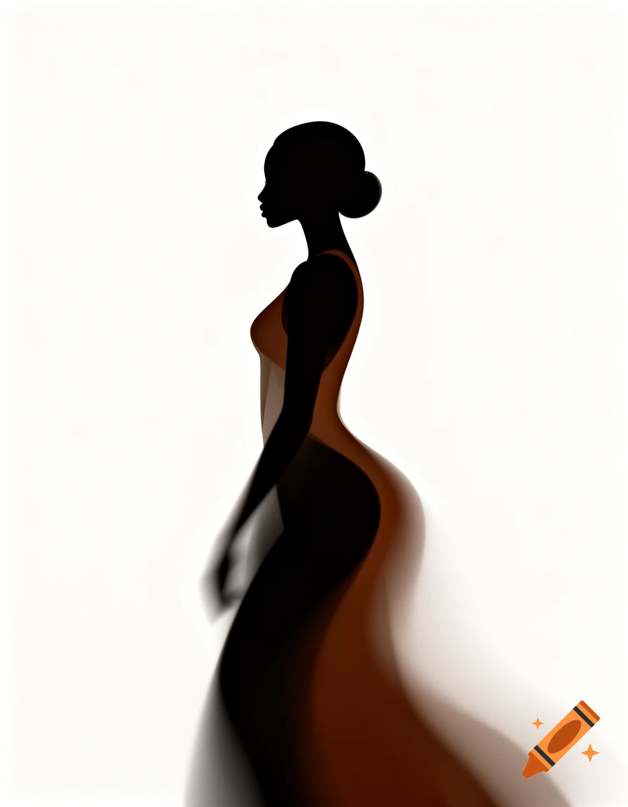 Minimalist abstract silhouette of a woman in profile with a bun, featuring a flowing orange and brown element against a white background.