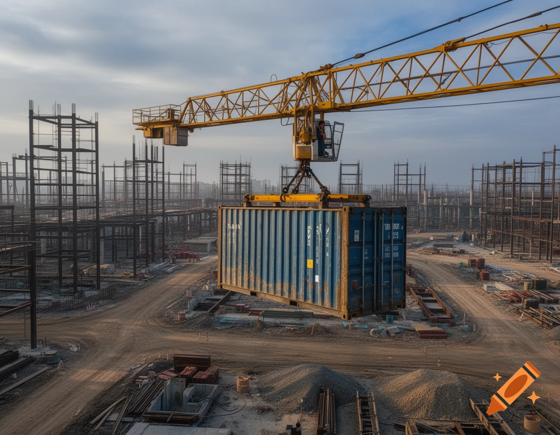 A tower crane lifts a blue shipping container over a vast construction site filled with steel rebar frames.