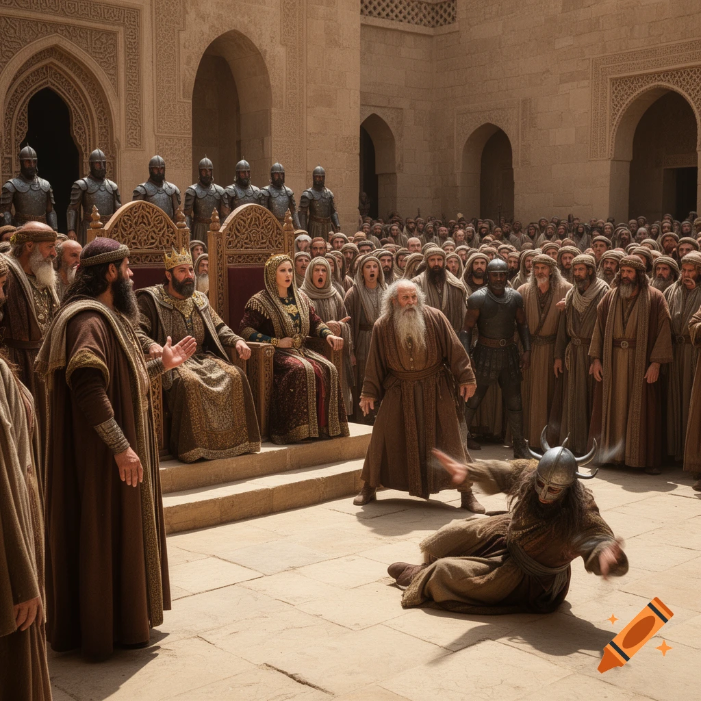 A dramatic ancient court scene with a man falling after being punched, witnessed by a king, queen, and a large crowd in a stone courtyard.