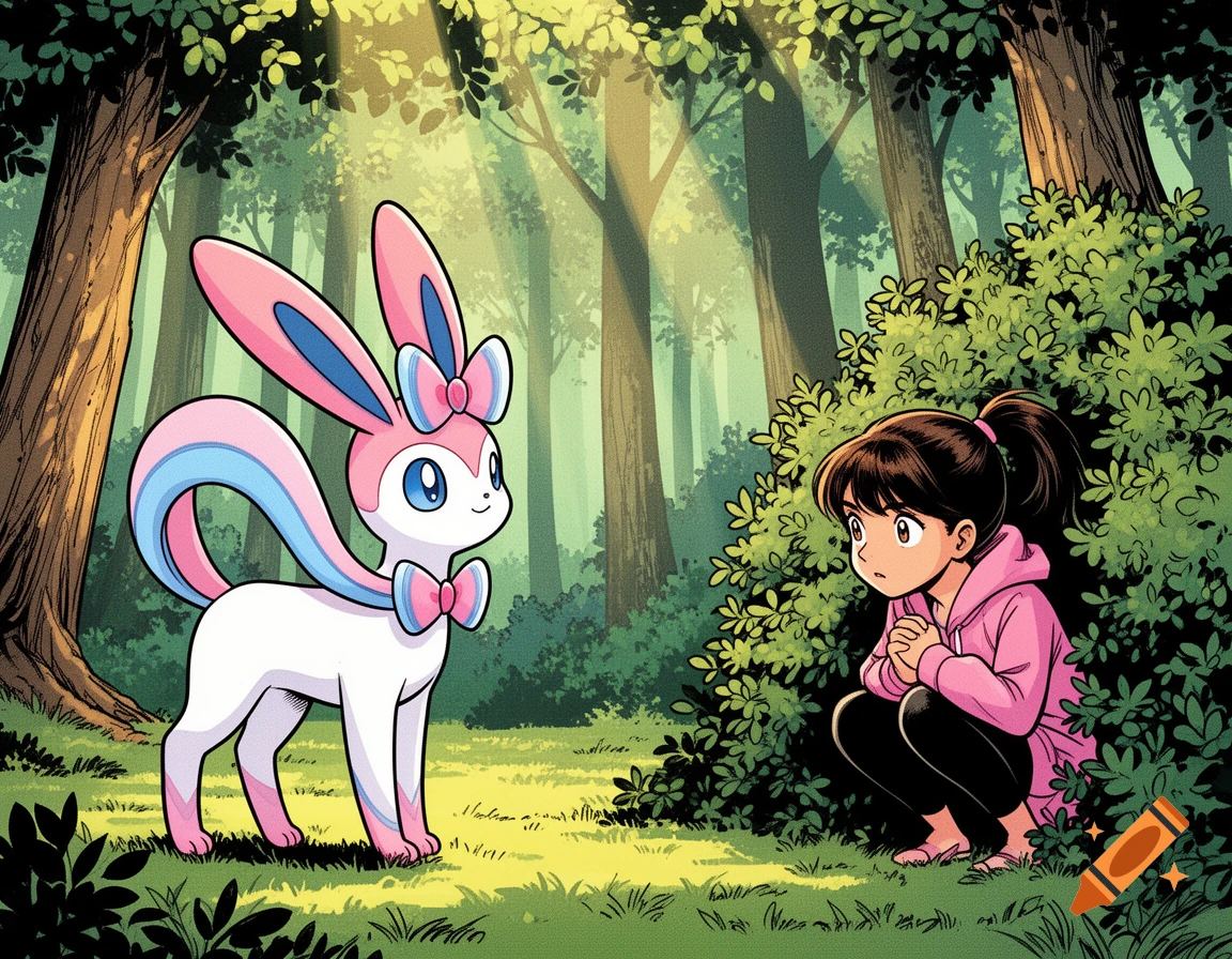 A Sylveon stands in a forest clearing while a girl with dark hair in a pink hoodie hides in bushes, watching it, in a comic style.