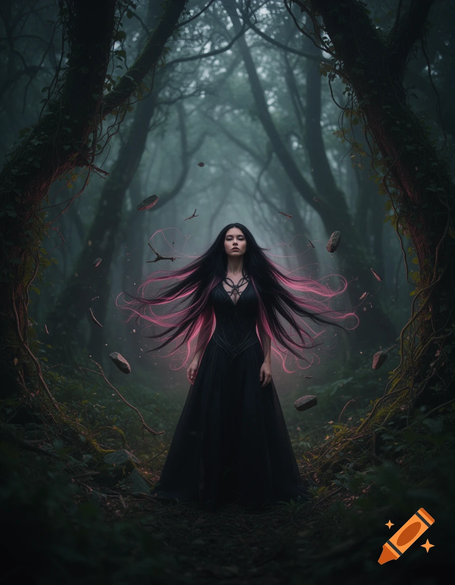 A woman with long black and pink hair in a black gown stands amidst floating rocks and branches in a dark, misty forest, fantasy style.
