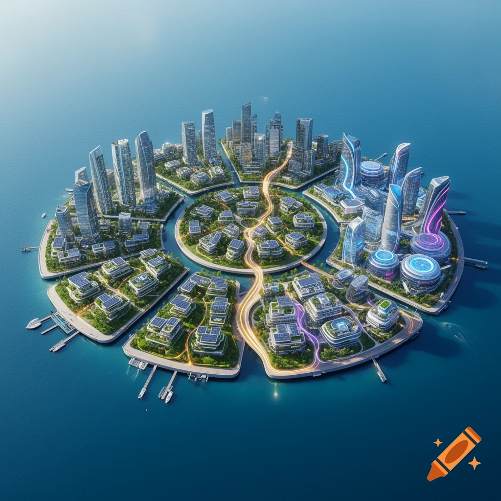 Aerial view of a circular, futuristic city floating on water, divided into districts with modern skyscrapers and green spaces.