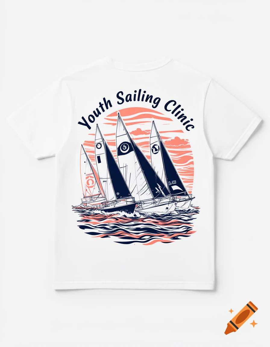 White t-shirt with a blue and coral graphic of sailboats racing in front of a sunset, with 'Youth Sailing Clinic' text.