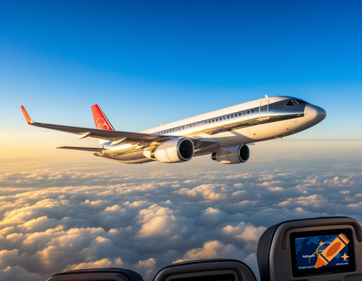 A silver and white airplane flies above clouds at sunset, seen from an airplane window with an in-flight map showing a route from Kathmandu to Australia.