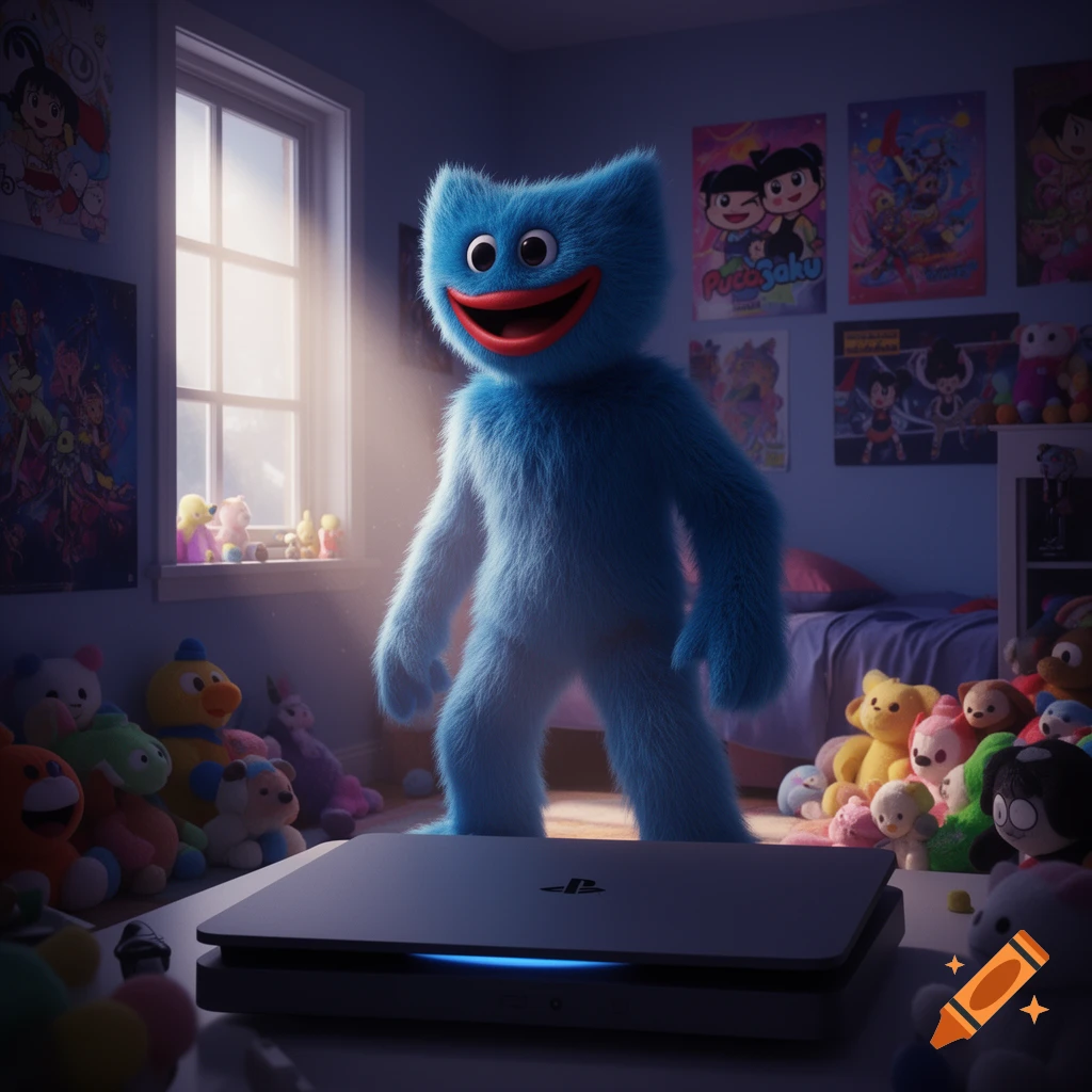 A furry blue Huggy Wuggy stands in a child's bedroom filled with plush toys and posters, with a glowing PlayStation in the foreground.