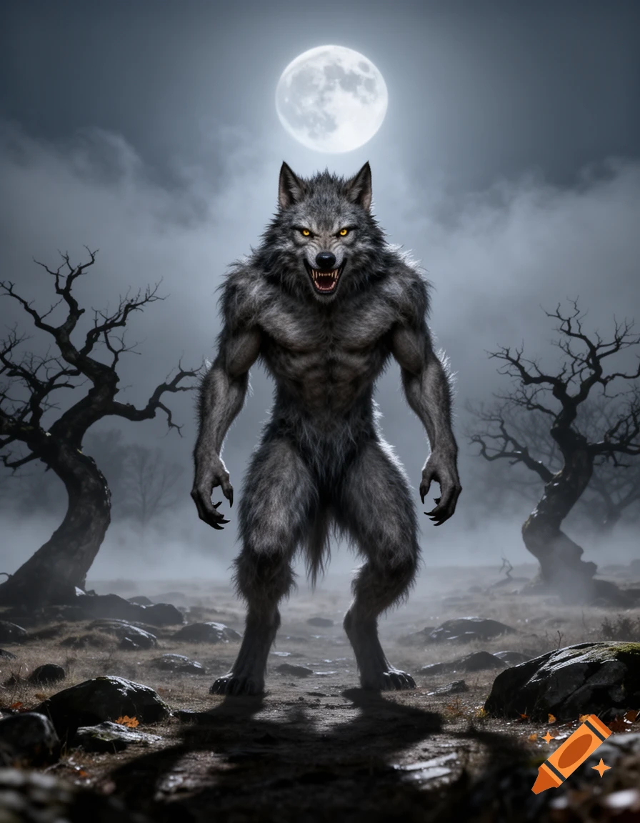 A menacing, grey werewolf with glowing yellow eyes stands under a full moon in a dark, misty forest with gnarled trees.