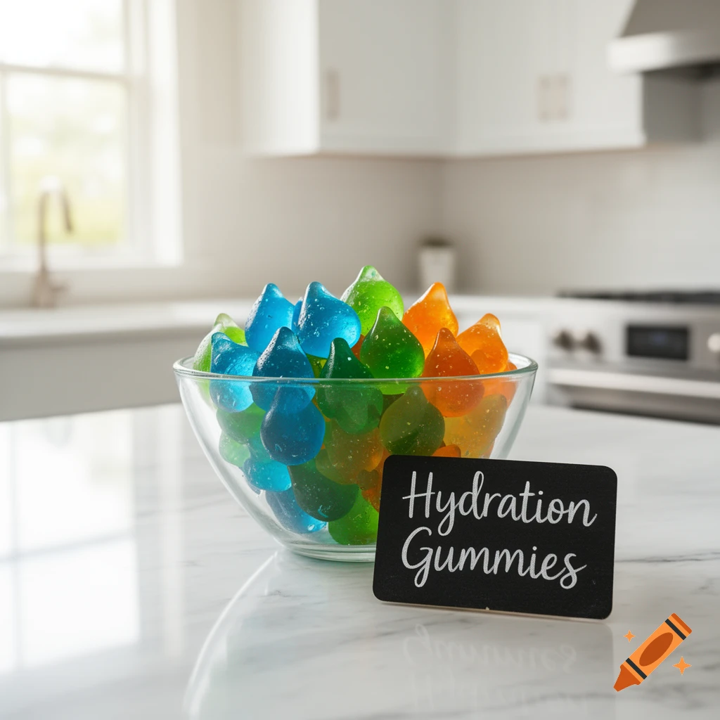 A bowl of blue, green, and orange droplet-shaped gummies on a marble kitchen counter with a 'Hydration Gummies' sign.