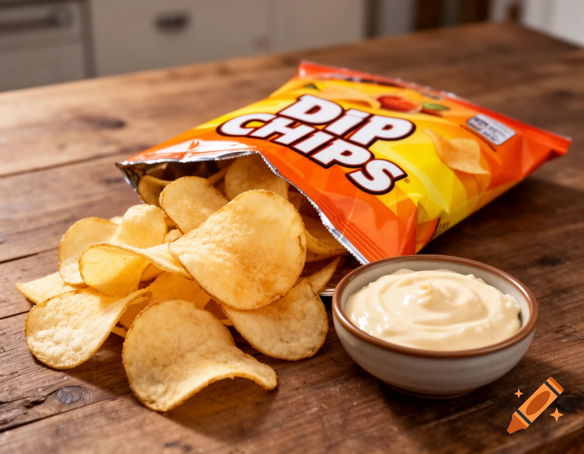 A bag of 'DIP CHIPS' spilling out potato chips onto a wooden table, next to a bowl of creamy dip.