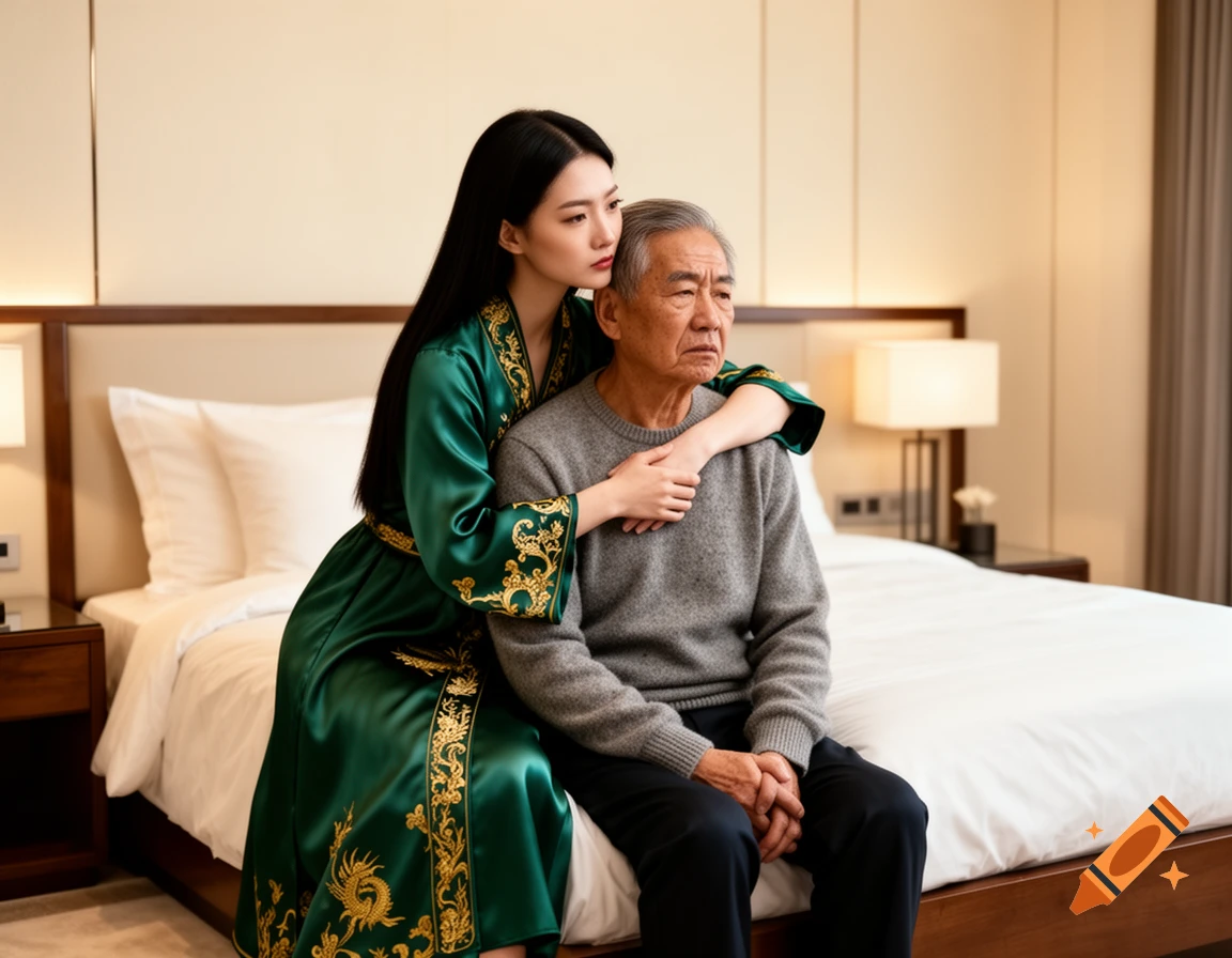 Young Asian woman in a green patterned robe hugs an older Asian man with an unhappy expression, both sitting on a bed.