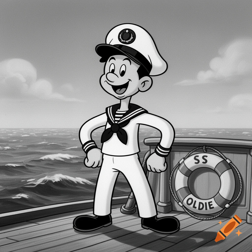 A happy rubber hose cartoon sailor stands on a ship's deck beside a life preserver labeled 'SS OLDIE', in black and white.