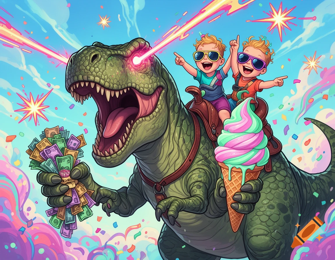 A vibrant cartoon shows a T-Rex with laser eyes, holding money and an ice cream cone, as two toddlers ride on its back.