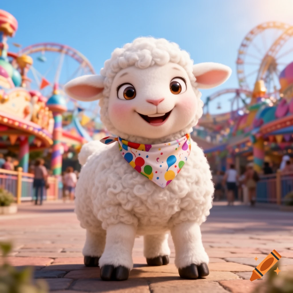 A cute, smiling cartoon lamb wearing a patterned bandana stands on a paved path in a vibrant theme park on a sunny day.