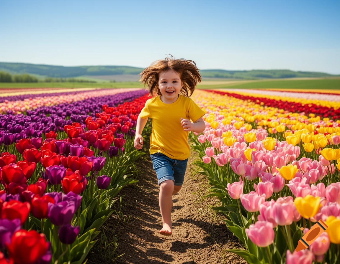 Photorealistic image of a joyful child running barefoot through rows of red, purple, pink, and yellow tulips under a clear blue sky.