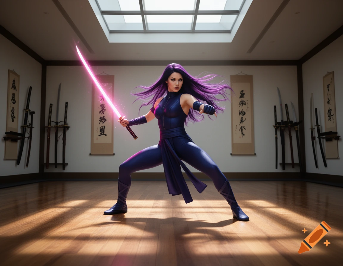 A woman resembling Marvel's Psylocke in a blue suit holds a glowing pink sword in a dojo.