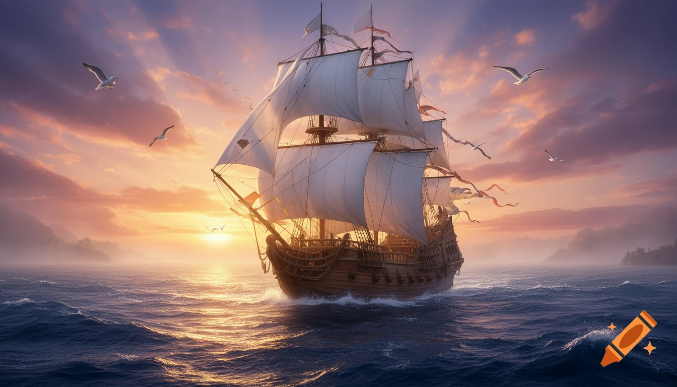 A majestic sailing ship with white sails floats on a deep blue ocean during a magical sunset, with seagulls flying above.