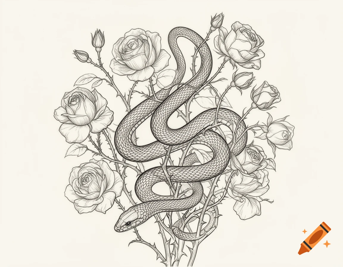 A line illustration of a snake with scaled skin entwined around multiple thorny rose stems with blooming roses and buds.