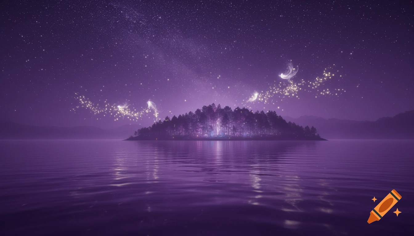 A mystical night scene with a purple-hued lake reflecting a star-filled sky. A dark forest island glows with subtle lights, and luminous spirits float over the water.