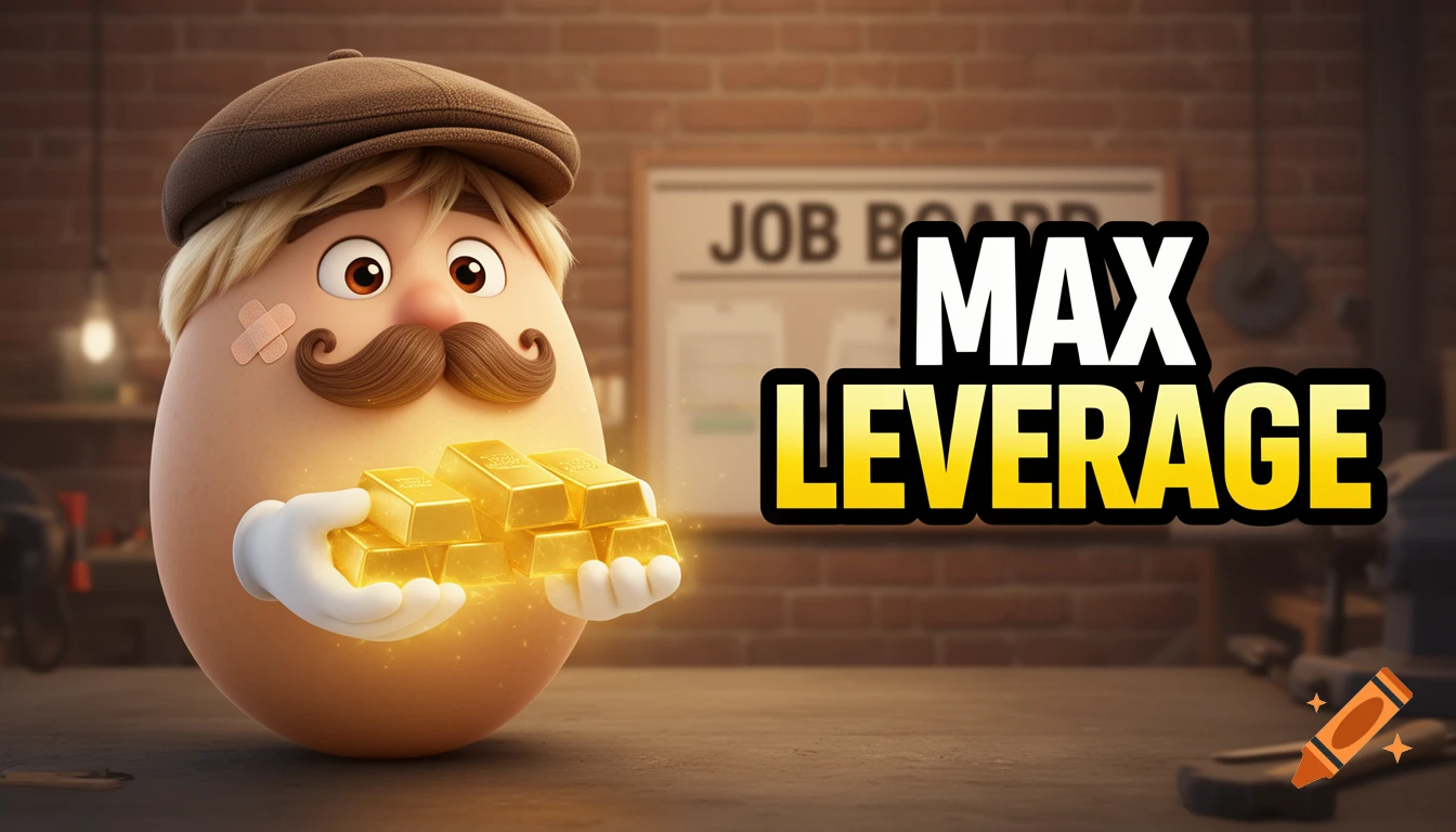 A cartoon egg-shaped character with a mustache and cap holds glowing gold bars. Text reads 'MAX LEVERAGE' in an industrial workshop.