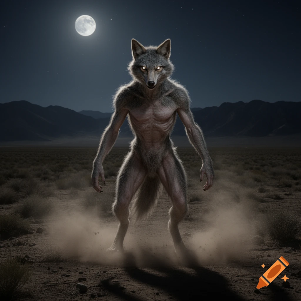 A photorealistic, bipedal wolf-like creature with glowing eyes stands in a dusty desert at night under a full moon.