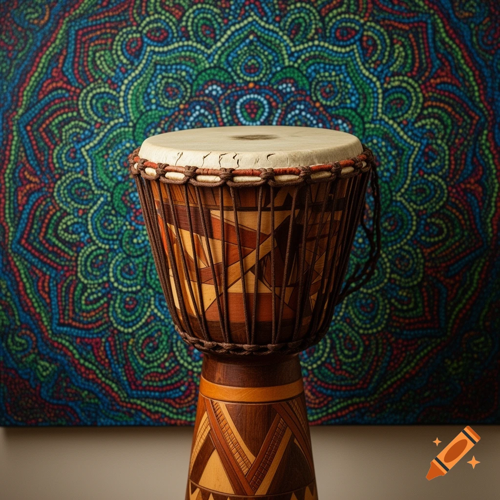 A djembe drum with intricate patterns stands against a vibrant pointillism mandala background.