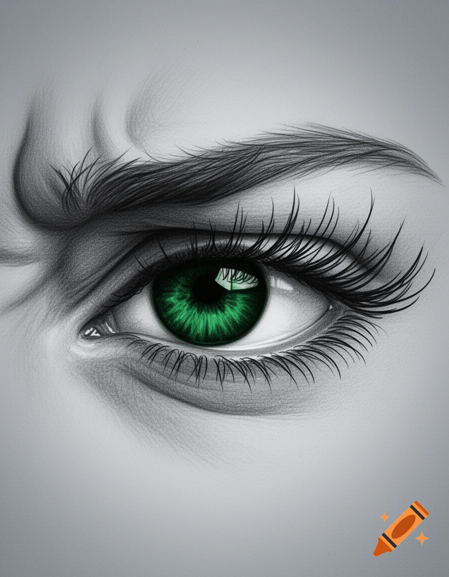 Detailed pencil drawing of an annoyed human eye with long eyelashes and a bright green iris.