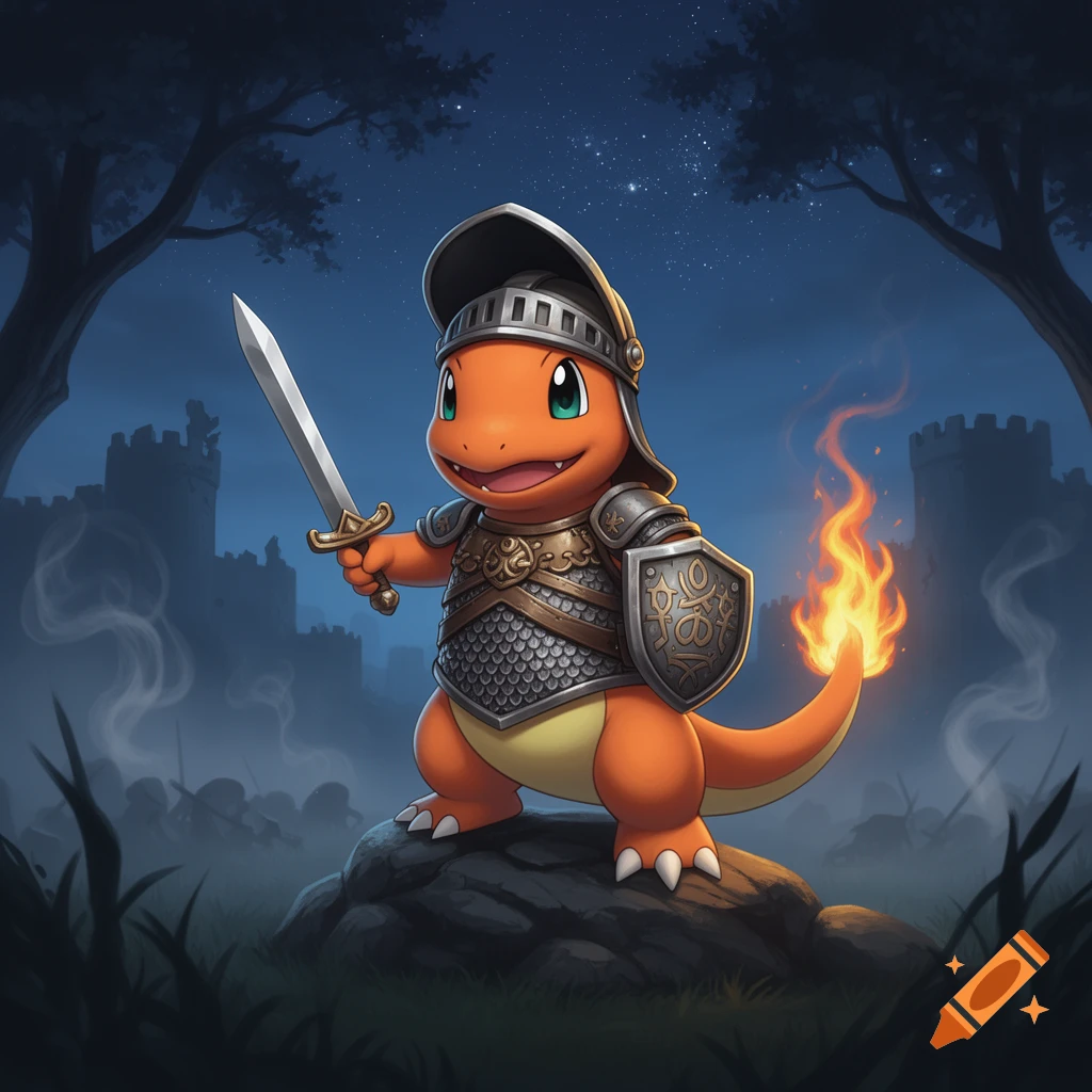 Charmander dressed in knight's armor with a sword and shield, standing on a rock against a castle backdrop at night.