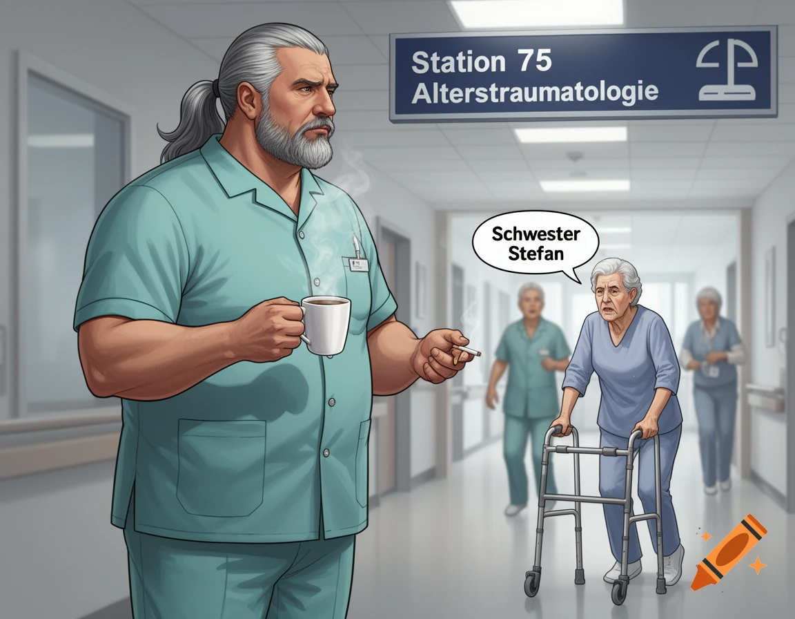 A cartoon male nurse with a ponytail and beard holds coffee and a cigarette in a hospital corridor, an elderly patient with a walker calls out "Schwester Stefan".