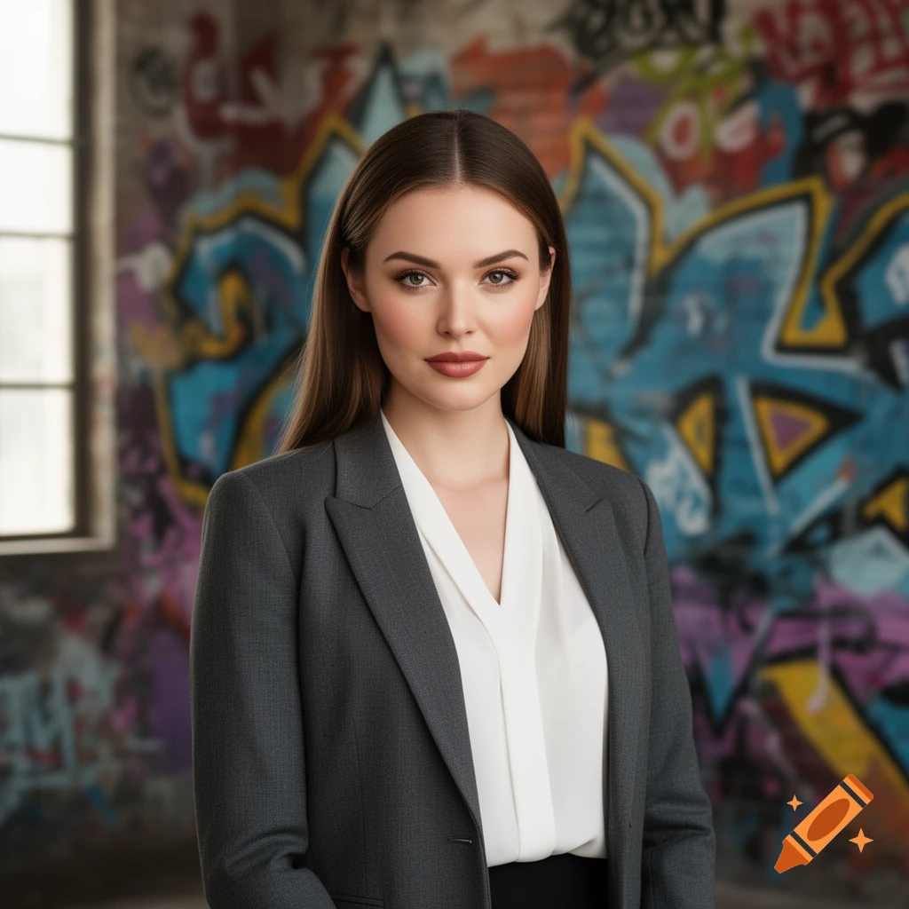 A professional woman in a gray suit and white blouse stands against a vibrant, graffiti-covered wall.
