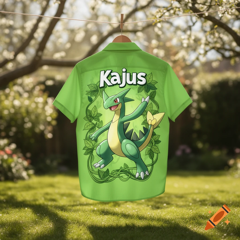 A green t-shirt with a cartoon Sceptile character and the name 'Kajus' hanging on a clothesline in a sunny garden.