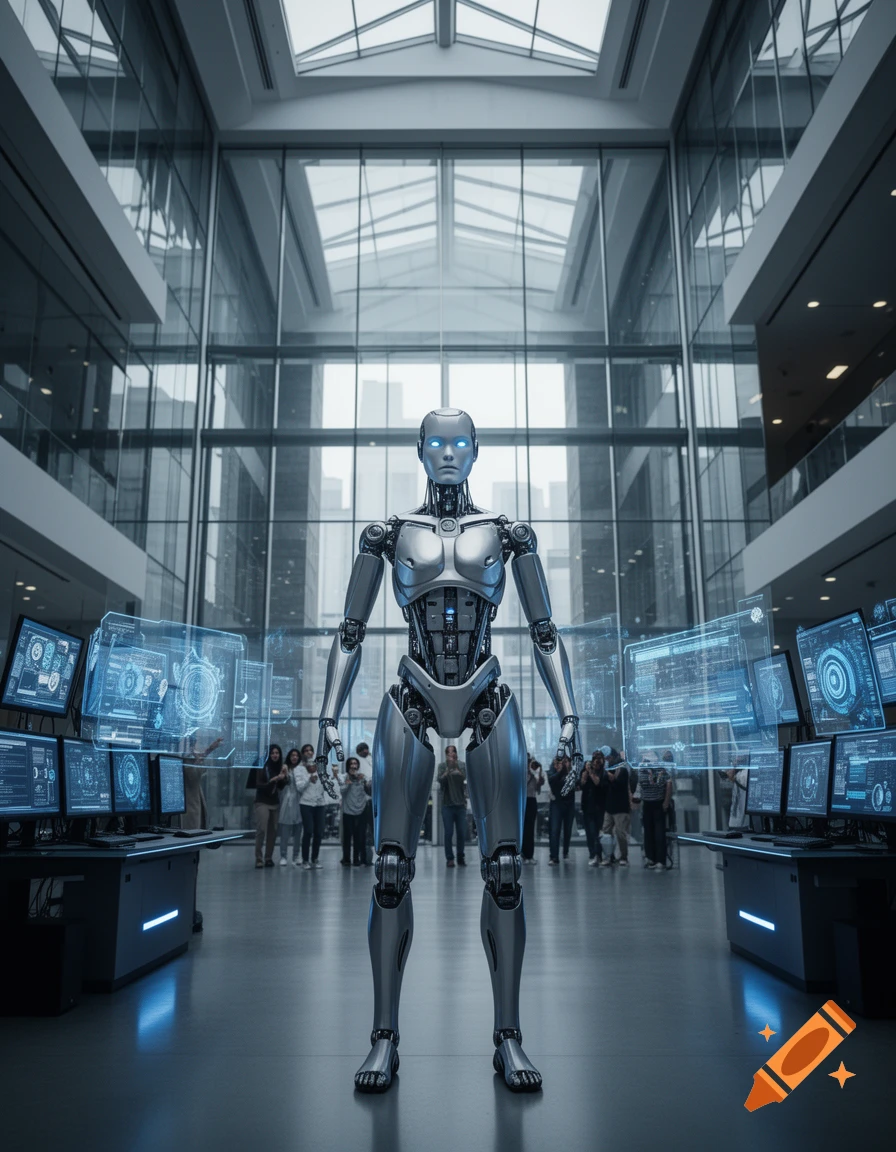 A metallic humanoid robot with glowing blue eyes stands in a modern glass atrium, surrounded by holographic screens displaying data and a crowd of people in the background.