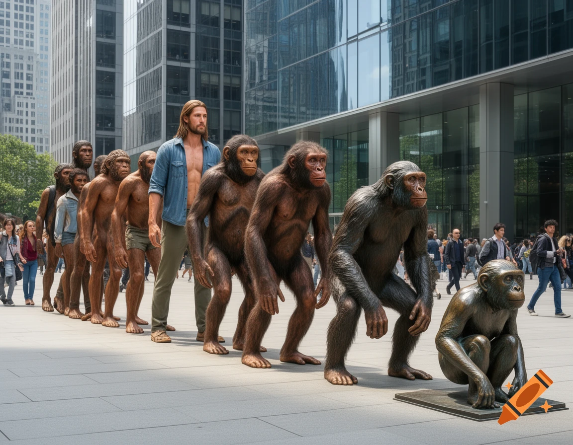A photorealistic line of evolutionary figures, from modern human to ape, walking on a city sidewalk past tall buildings.