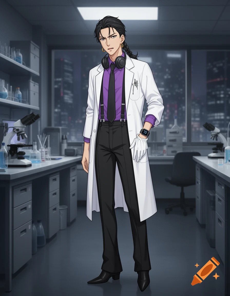 Anime-style man in a lab coat, purple shirt, headphones, and smartwatch, with a stressed expression, stands in a modern laboratory.