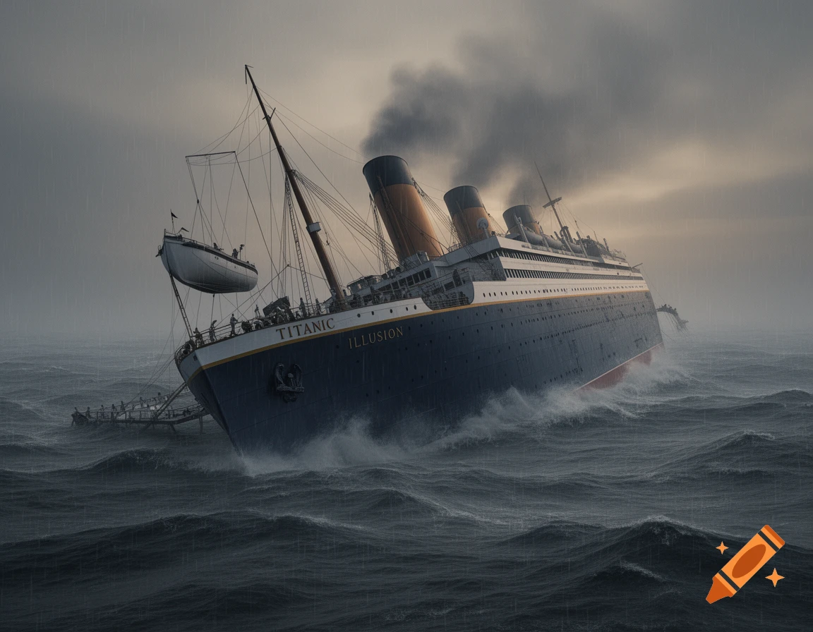A large, four-funnel passenger ship resembling the Titanic is dramatically sinking in a stormy, dark sea with heavy rain. People are visible on the deck and in a lifeboat suspended from the ship.