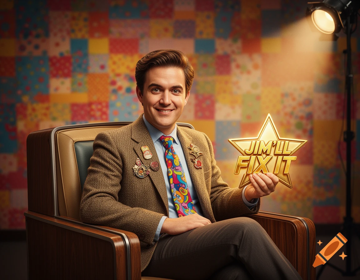 A smiling man in a tweed jacket and colorful tie holds a gold star with 'JIM'LL FIX IT' in a brightly lit studio.