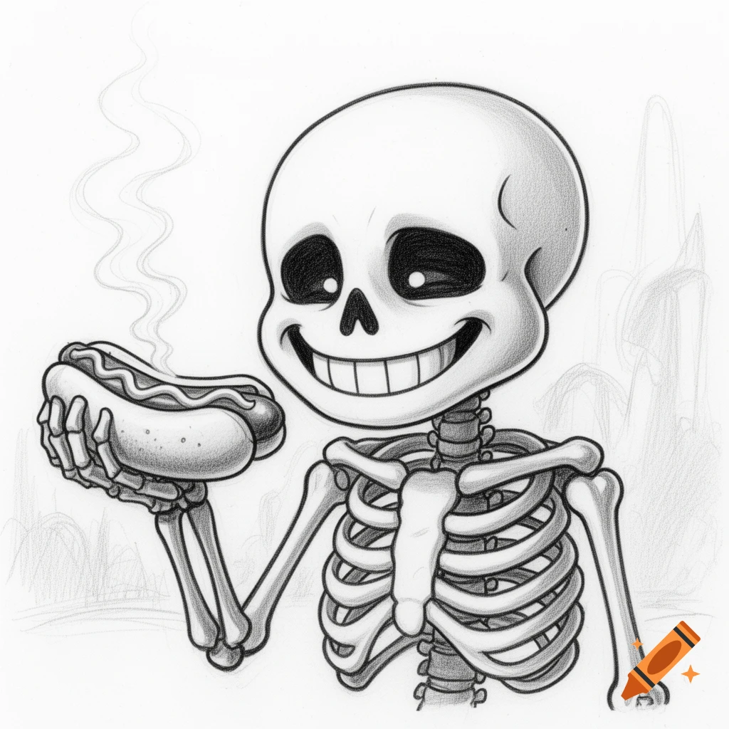 A smiling skeleton in a pencil drawing style holds a steaming hot dog.