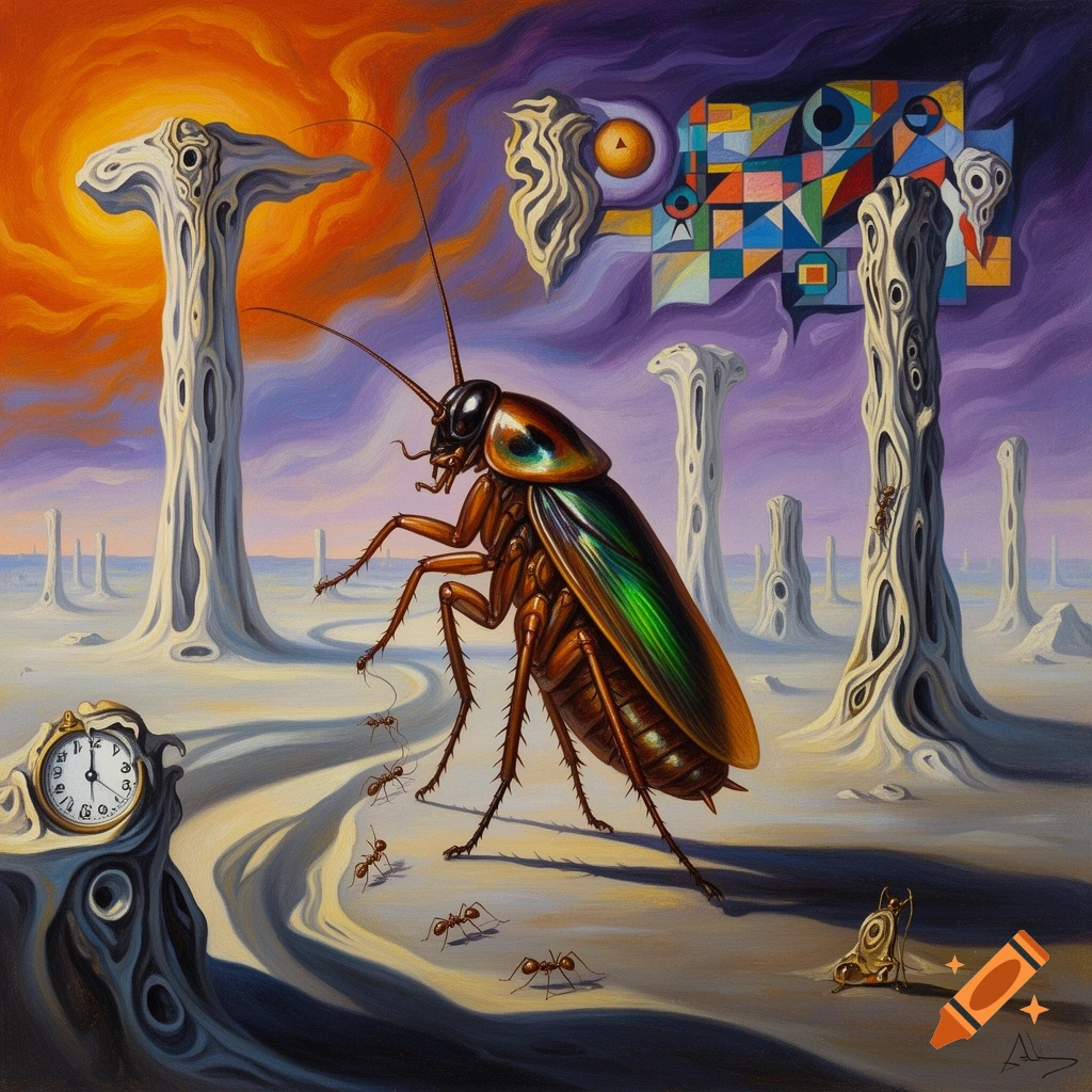 Surreal oil painting of a giant cockroach and ants in a bizarre landscape with melting clocks and abstract shapes.