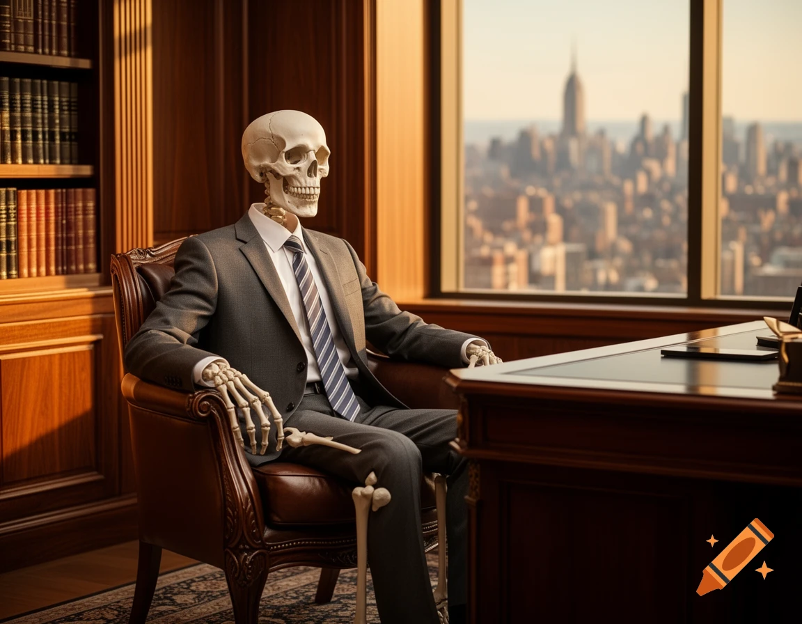 A skeleton in a business suit sits in a leather armchair at a desk in a wood-paneled office overlooking a cityscape.
