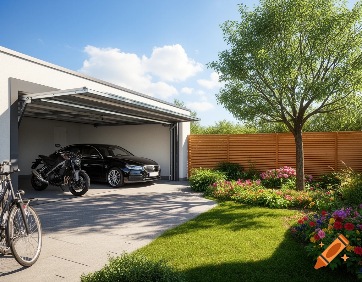 A modern house with an open garage, a black car, motorcycle, and bicycle. A sunny garden with a tree and colorful flowers borders the driveway.