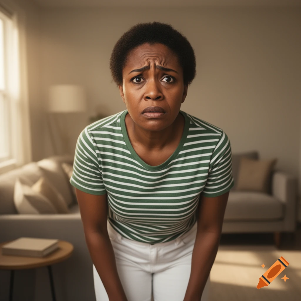 A worried Black woman in a green and white striped shirt and white pants looks directly at the viewer.