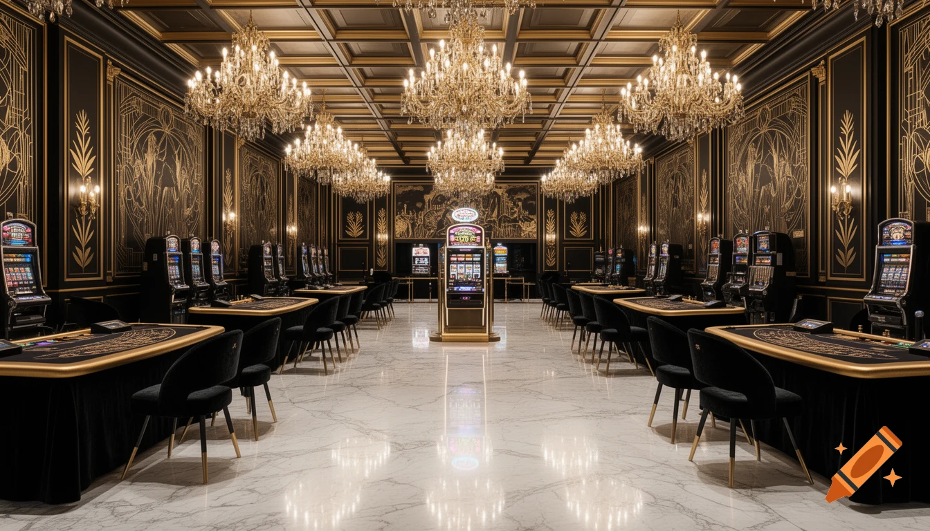 A luxurious black and gold casino hall with rows of slot machines and card tables under grand chandeliers, reflecting on a marble floor.